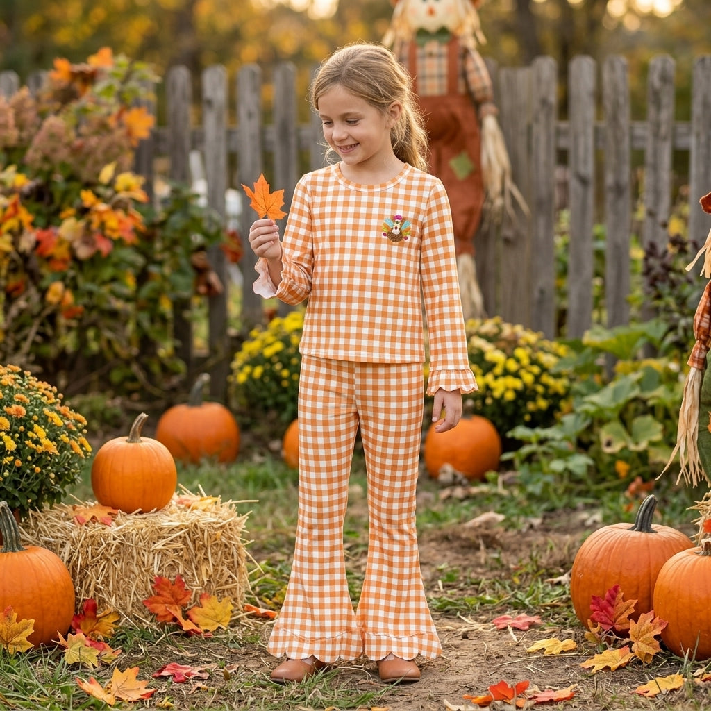 NO MOQ RTS GLP3588-embroidery Baby Girl Clothes Orange Gingham Turkey Applique Print Long Sleeve Top Scallop Hem Flare Pant Set 202610