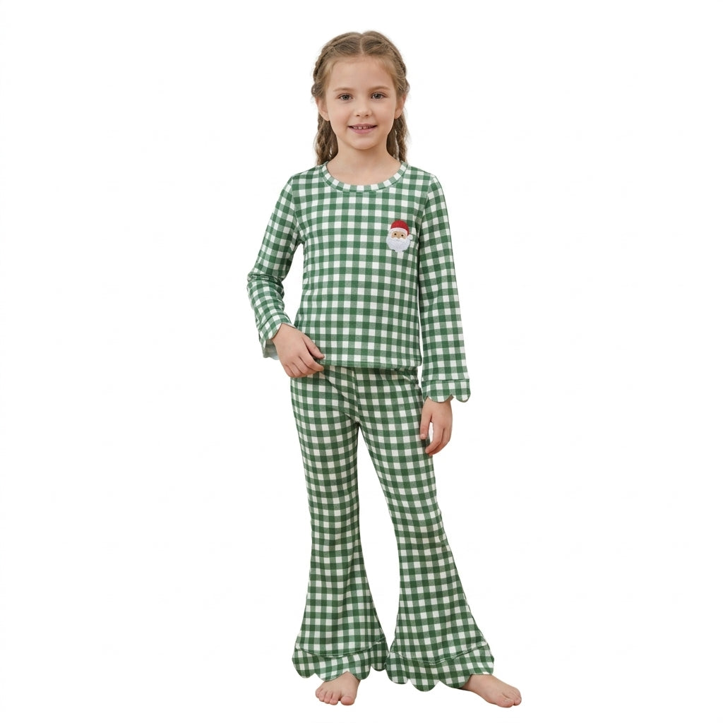 NO MOQ RTS GLP3589-embroidery Baby Girl Clothes Christmas Santa Embroidery Gingham Print Long Sleeve Top Flare Pant Outfit Set 202610