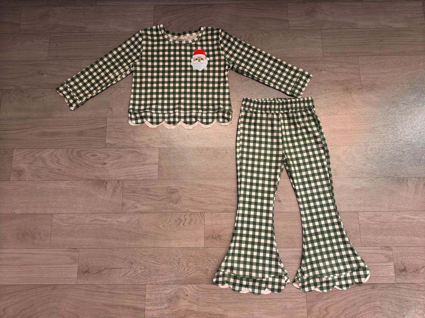 RTS GLP3589 Christmas Embroidery Green Gingham Girls Flare Pants Set 202608