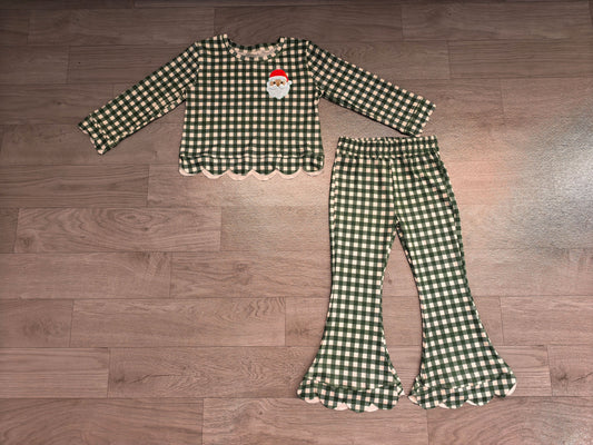 RTS GLP3589 Christmas Embroidery Green Gingham Girls Flare Pants Set 202608