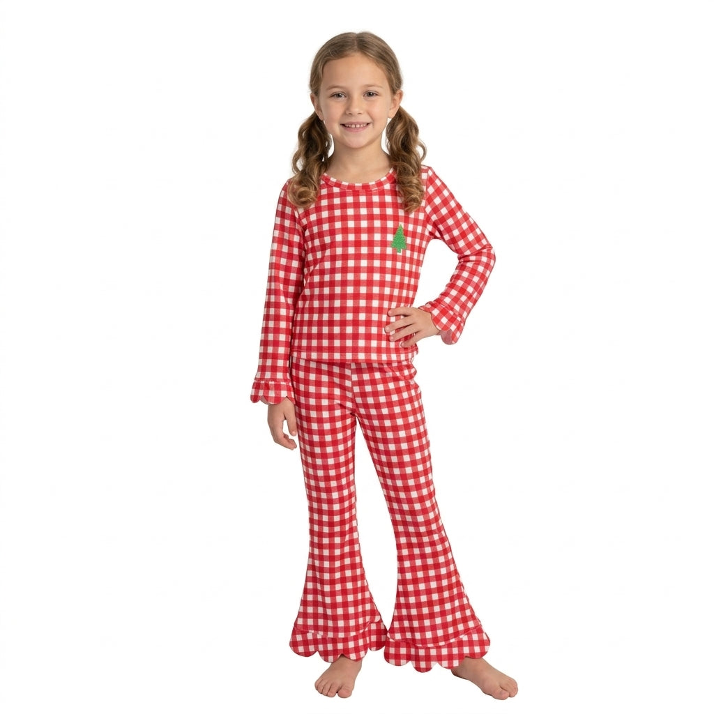 NO MOQ RTS GLP3590-embroidery Baby Girl Clothes Christmas Tree Embroidery Red Gingham Print Long Sleeve Top Flare Pant Outfit Set 202610