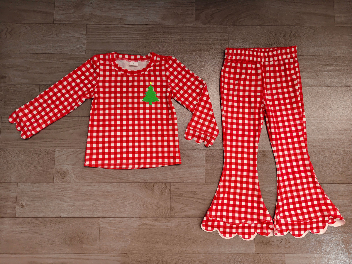 Sample-Real Pics GLP3590 Baby Girl Clothes Red Gingham Christmas Tree Applique Print Long Sleeve Scallop Cuff Top Scallop Hem Flare Pant Set