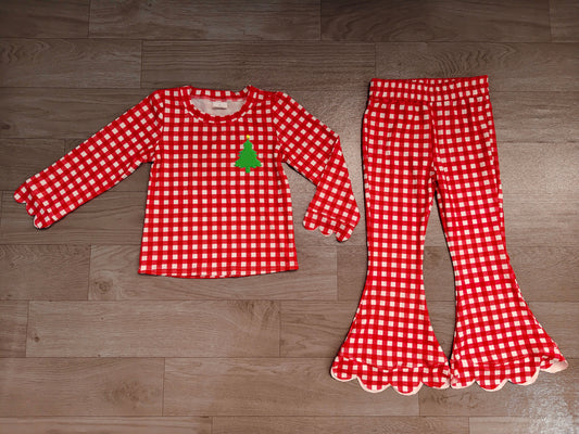 Sample-Real Pics GLP3590 Baby Girl Clothes Red Gingham Christmas Tree Applique Print Long Sleeve Scallop Cuff Top Scallop Hem Flare Pant Set
