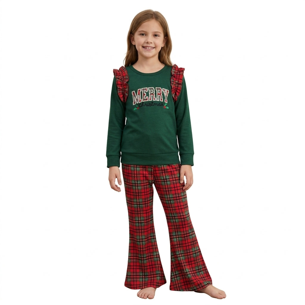 NO MOQ RTS GLP3595-embroidery (2) Baby Girl Clothes Merry Christmas Plaid Ruffle Long Sleeve Flare Pant Set 202610