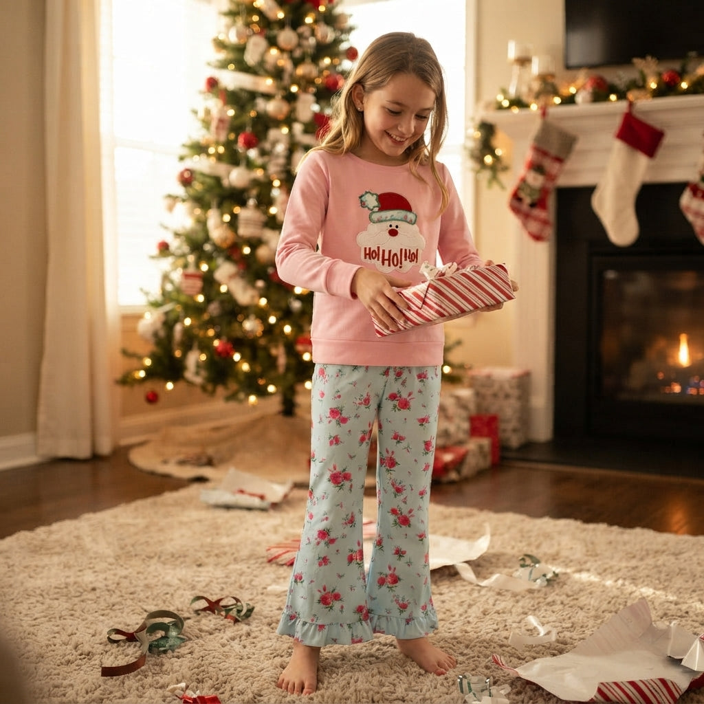 NO MOQ RTS GLP3596-embroidery Baby Girl Clothes Santa Applique Mix Floral Print Long Sleeve Top Ruffle Flare Pant Set 202610