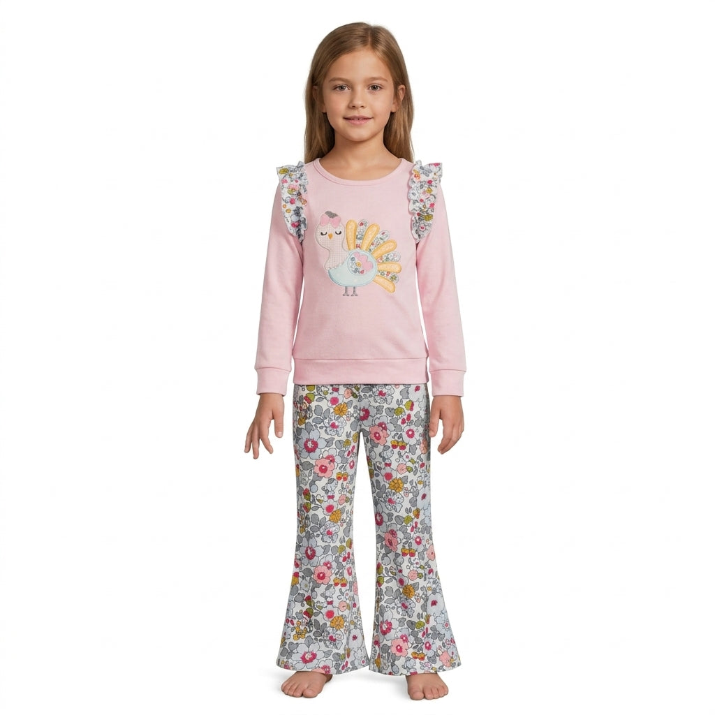 NO MOQ RTS GLP3597-embroidery (2) Baby Girl Clothes Thanksgiving Turkey Floral Print Long Sleeve Flare Pant Set 202610