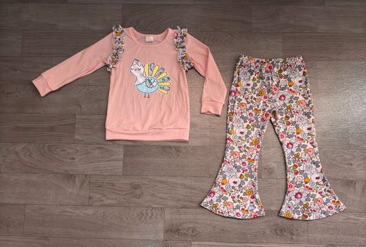 RTS GLP3597 Unicorn Embroidery Ruffle Shoulder Long Sleeve Top Floral Flare Pants Girls Outfit 202608