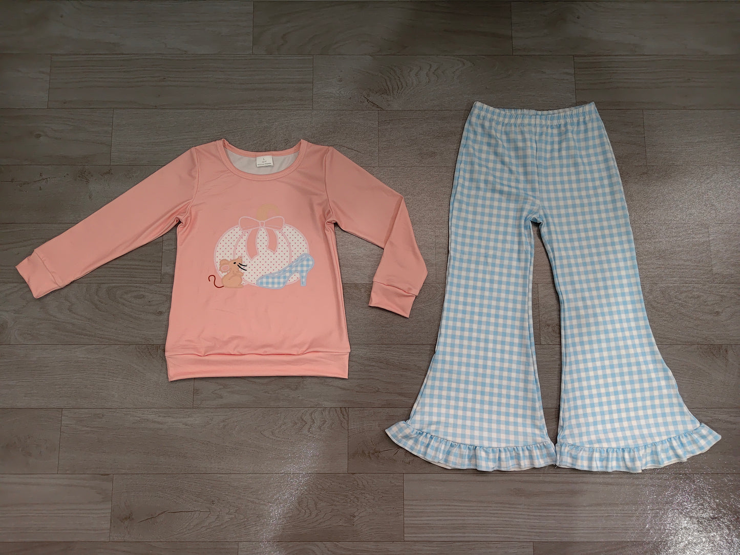 RTS GLP3598 Halloween Pumpkin Mouse Print Long Sleeve Top Blue Gingham Ruffle Flare Pants Girls Outfit 202608