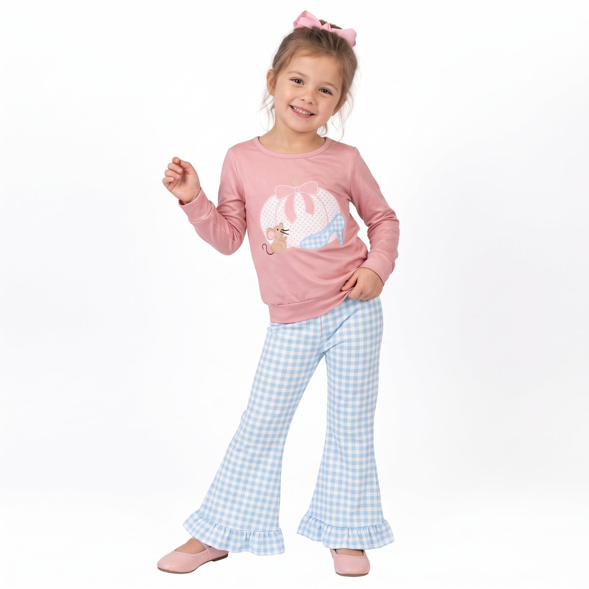NO MOQ RTS GLP3598(1) Baby Girl Clothes Pink Pumpkin Mouse High Heel Embroidery Print Long Sleeve Top Blue Gingham Flare Pant Set 202609