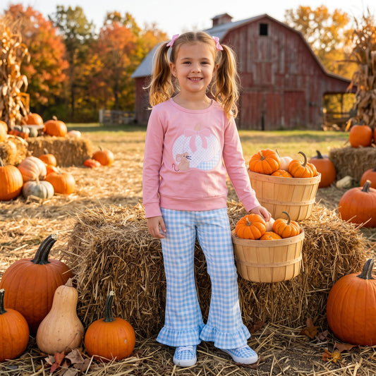 NO MOQ RTS GLP3598(1) Baby Girl Clothes Pink Pumpkin Mouse High Heel Embroidery Print Long Sleeve Top Blue Gingham Flare Pant Set 202609