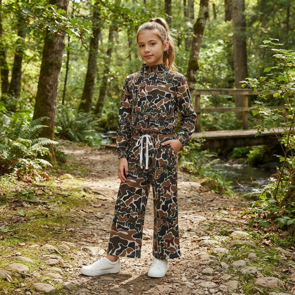 NO MOQ RTS GLP3601-yoga Baby Girl Clothes Retro Camo Cow Print Long Sleeve Stand Collar Top Cropped Pants Outfit Set 202609