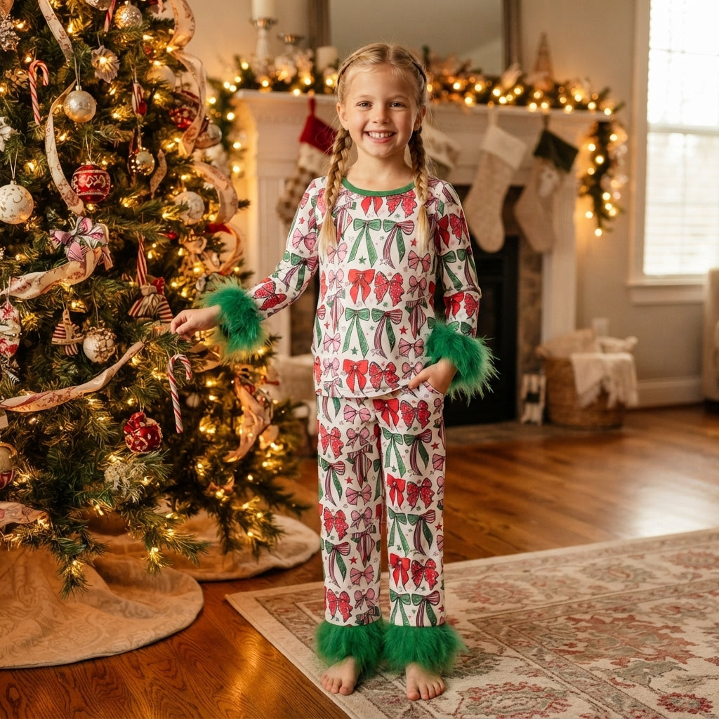 NO MOQ RTS GLP3611 (2) Baby Girl Clothes Christmas Bow Allover Print Long Sleeve Fuzzy Cuff Top Pant Set 202609