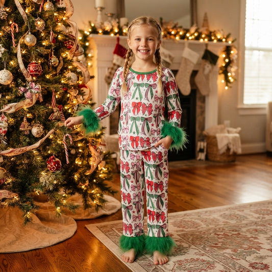 NO MOQ RTS GLP3611 (2) Baby Girl Clothes Christmas Bow Allover Print Long Sleeve Fuzzy Cuff Top Pant Set 202609