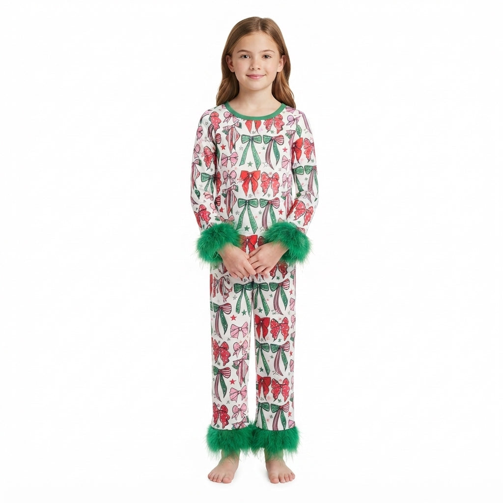 NO MOQ RTS GLP3611 (2) Baby Girl Clothes Christmas Bow Allover Print Long Sleeve Fuzzy Cuff Top Pant Set 202609