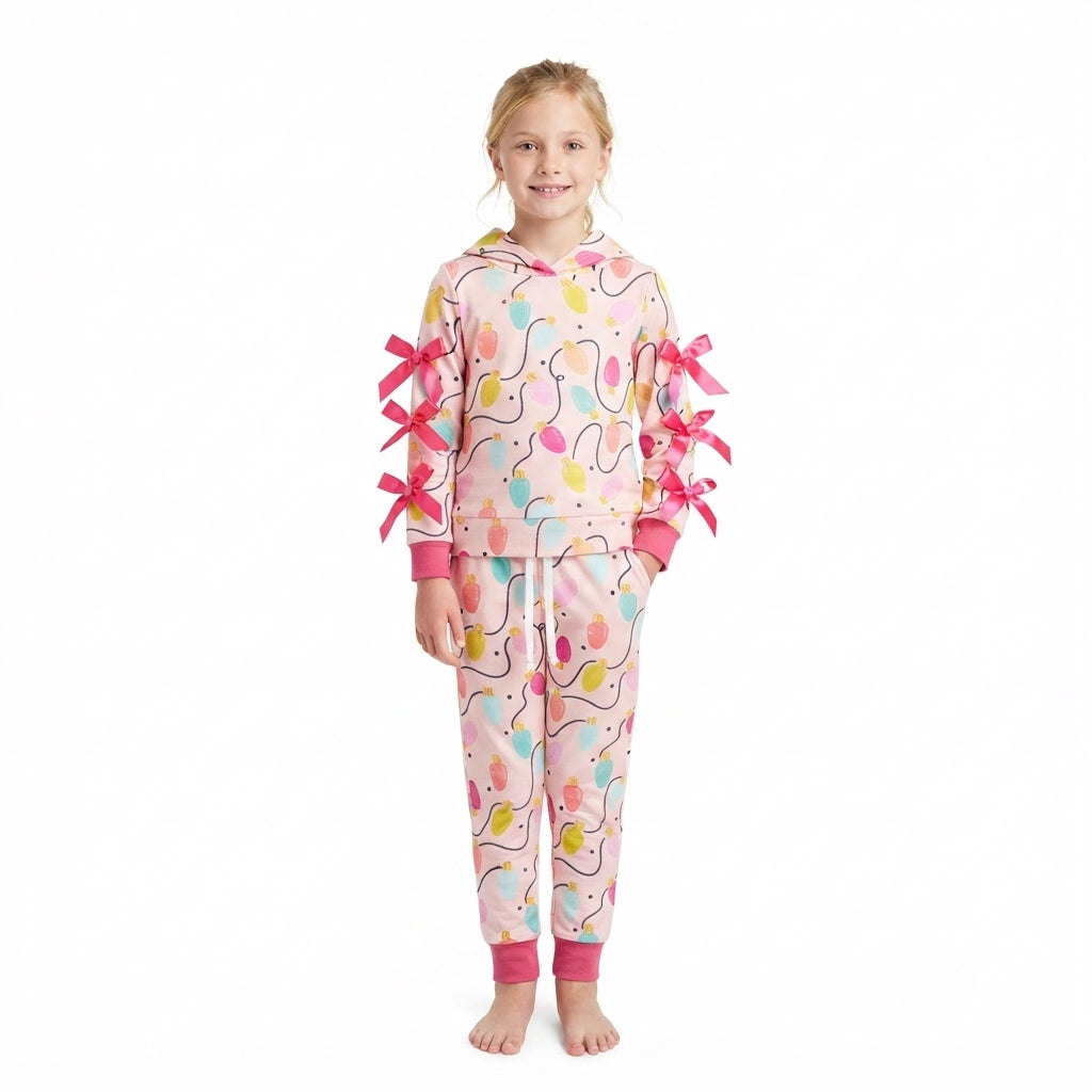 NO MOQ RTS GLP3613 (2) Baby Girl Clothes Christmas Light Bulb Allover Print Long Sleeve Bow Hoodie Pant Set 202610