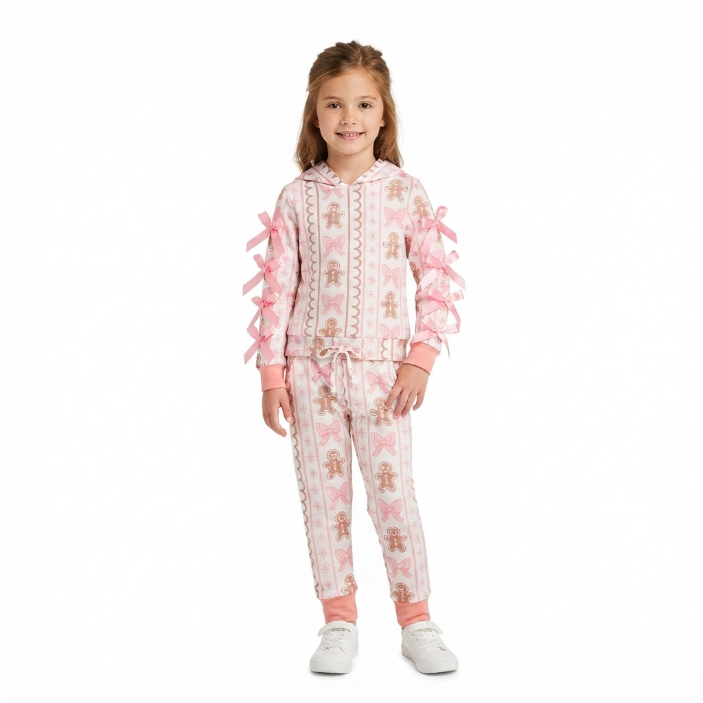 NO MOQ RTS GLP3614 Baby Girl Clothes Gingerbread Bow Striped Print Long Sleeve Hooded Top Pant Set 202609
