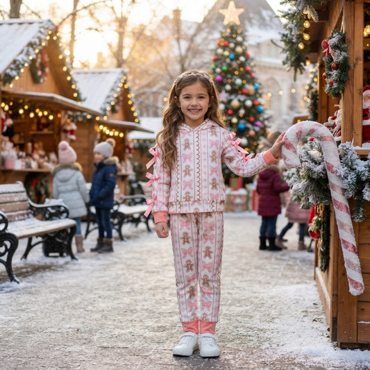NO MOQ RTS GLP3614 Baby Girl Clothes Gingerbread Bow Striped Print Long Sleeve Hooded Top Pant Set 202609