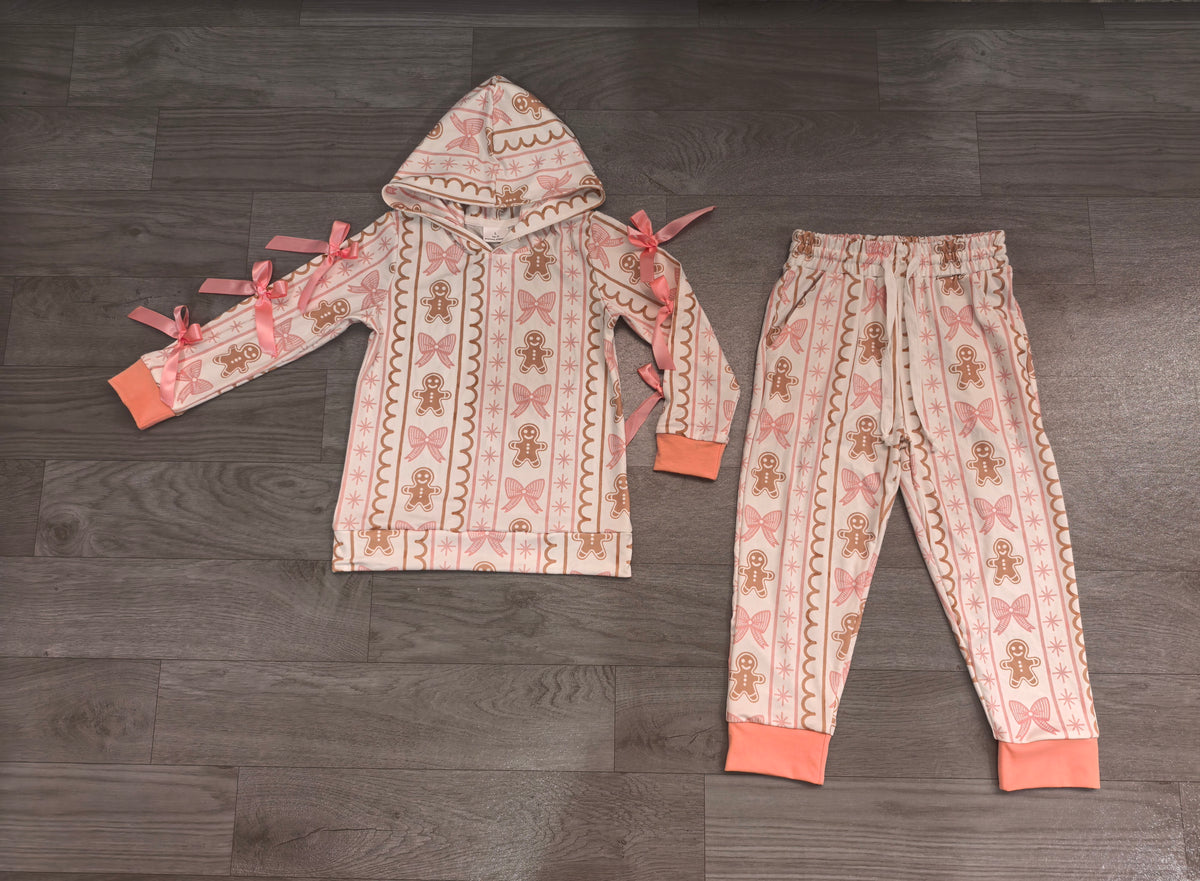 Sample-Real Pics GLP3614 Baby Girl Clothes Gingerbread Man Bow Print Long Sleeve Hoodie Pant Outfit Set