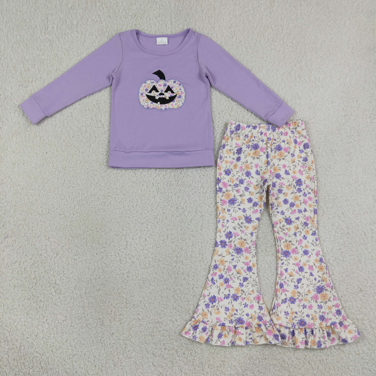 NO MOQ RTS GLP3618-embroidery Baby Girl Clothes Floral Pumpkin Applique Print Long Sleeve Top Ruffle Flare Pant Set 202609