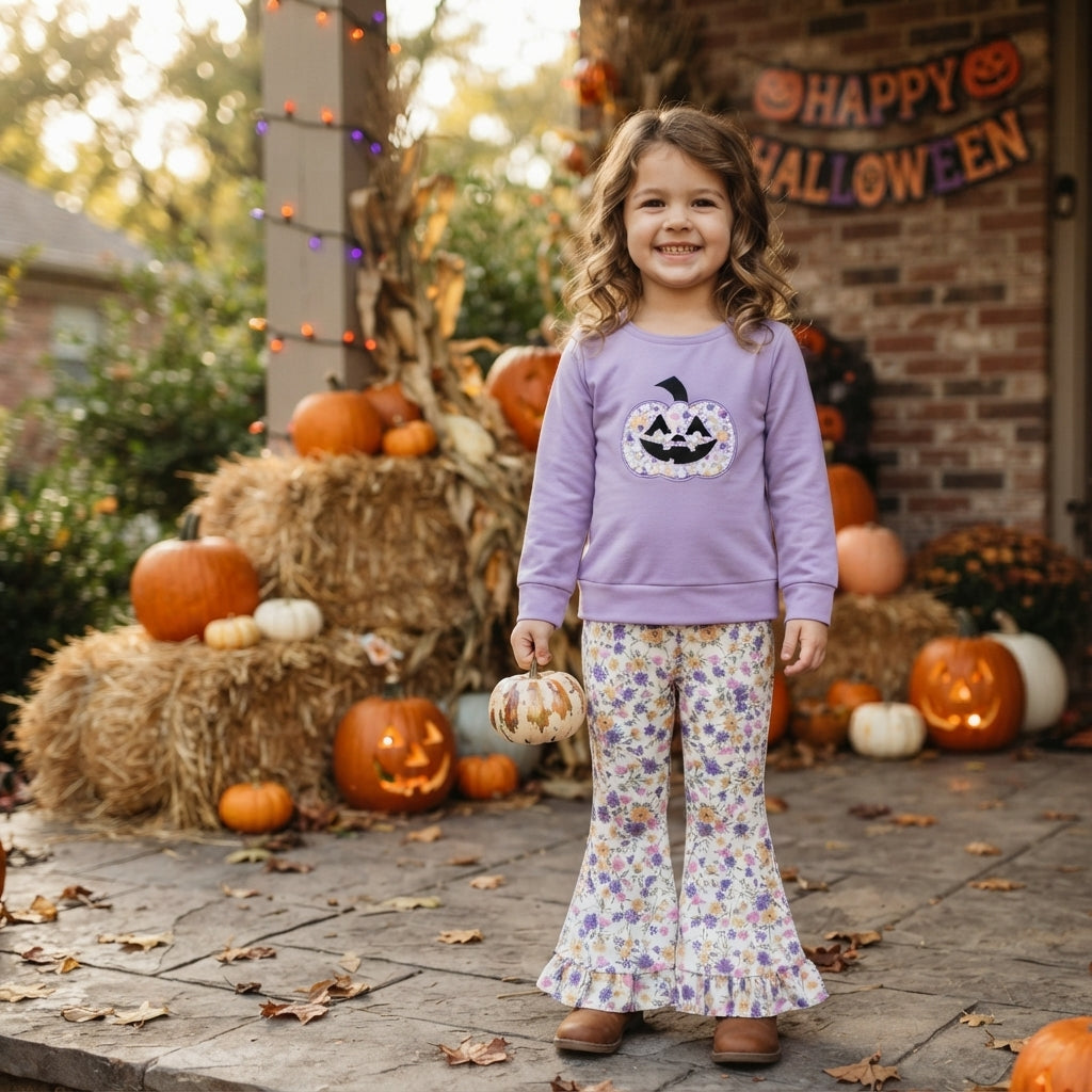 NO MOQ RTS GLP3618-embroidery Baby Girl Clothes Floral Pumpkin Applique Print Long Sleeve Top Ruffle Flare Pant Set 202609