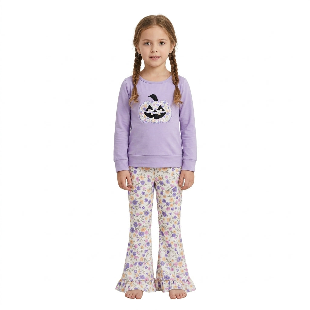 NO MOQ RTS GLP3618-embroidery Baby Girl Clothes Floral Pumpkin Applique Print Long Sleeve Top Ruffle Flare Pant Set 202609