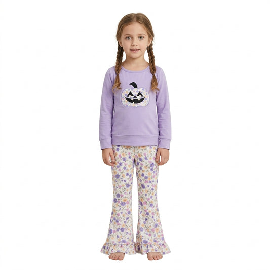 NO MOQ RTS GLP3618-embroidery Baby Girl Clothes Floral Pumpkin Applique Print Long Sleeve Top Ruffle Flare Pant Set 202609