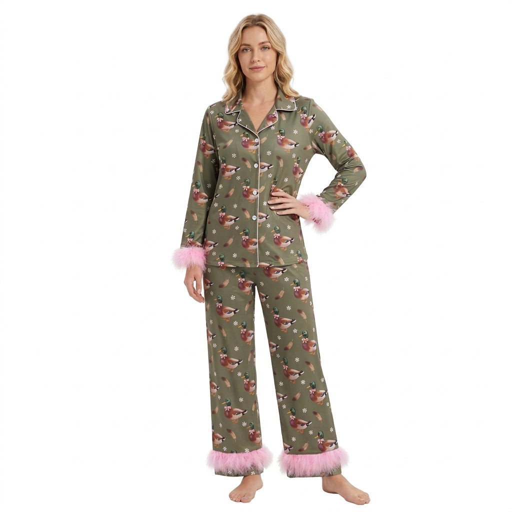 NO MOQ RTS GLP3628 women Clothes Mallard Duck Print Pink Feather Trim Long Sleeve Button Up Pajama Outfit Set 202610