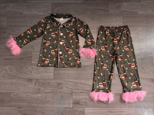 RTS GLP3629 Animal Print Lapel Button Long Sleeve Top Fuzzy Trim Pants Girls Outfit 202608