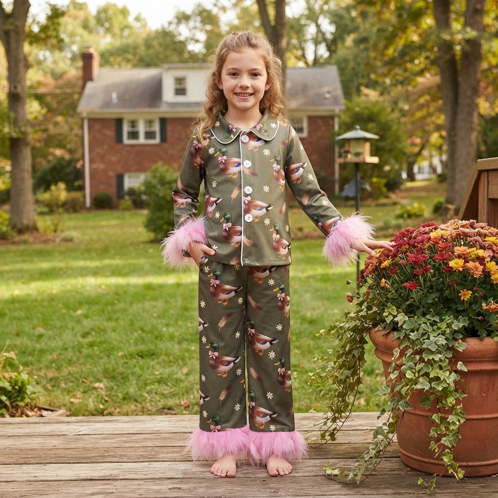 NO MOQ RTS GLP3629 (2) Baby Girl Clothes Mallard Duck Floral Print Long Sleeve Feather Cuff Pajama Set 202609