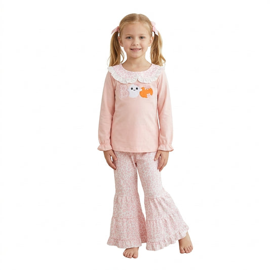 NO MOQ RTS GLP3630 Girl Clothes Halloween Ghost Embroidery Lace Collar Long Sleeve Top Ruffle Flare Pants Girls Outfit 202609