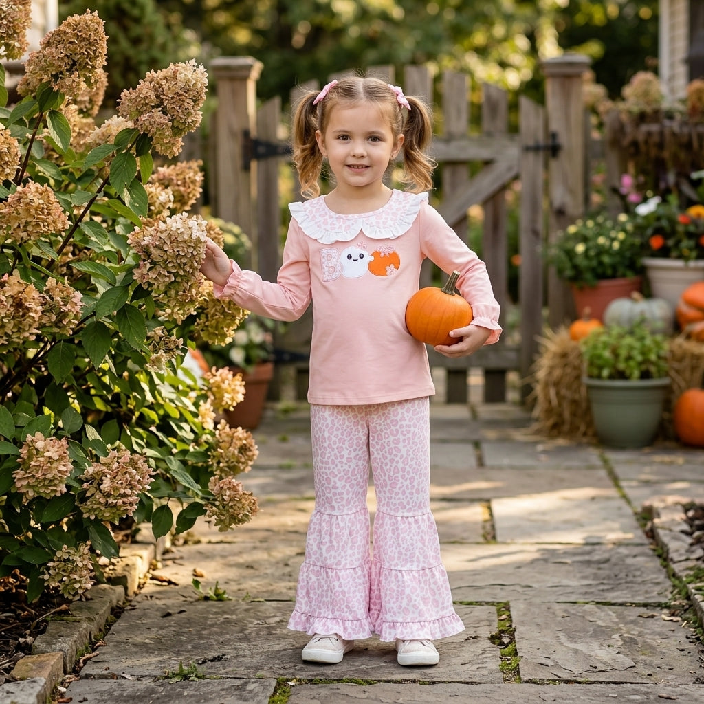 NO MOQ RTS GLP3630 Girl Clothes Halloween Ghost Embroidery Lace Collar Long Sleeve Top Ruffle Flare Pants Girls Outfit 202609