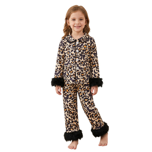 NO MOQ GLP3640 Kids Leopard Print Fuzzy Feather Trim Button‑Up 2Pcs Pajama Set