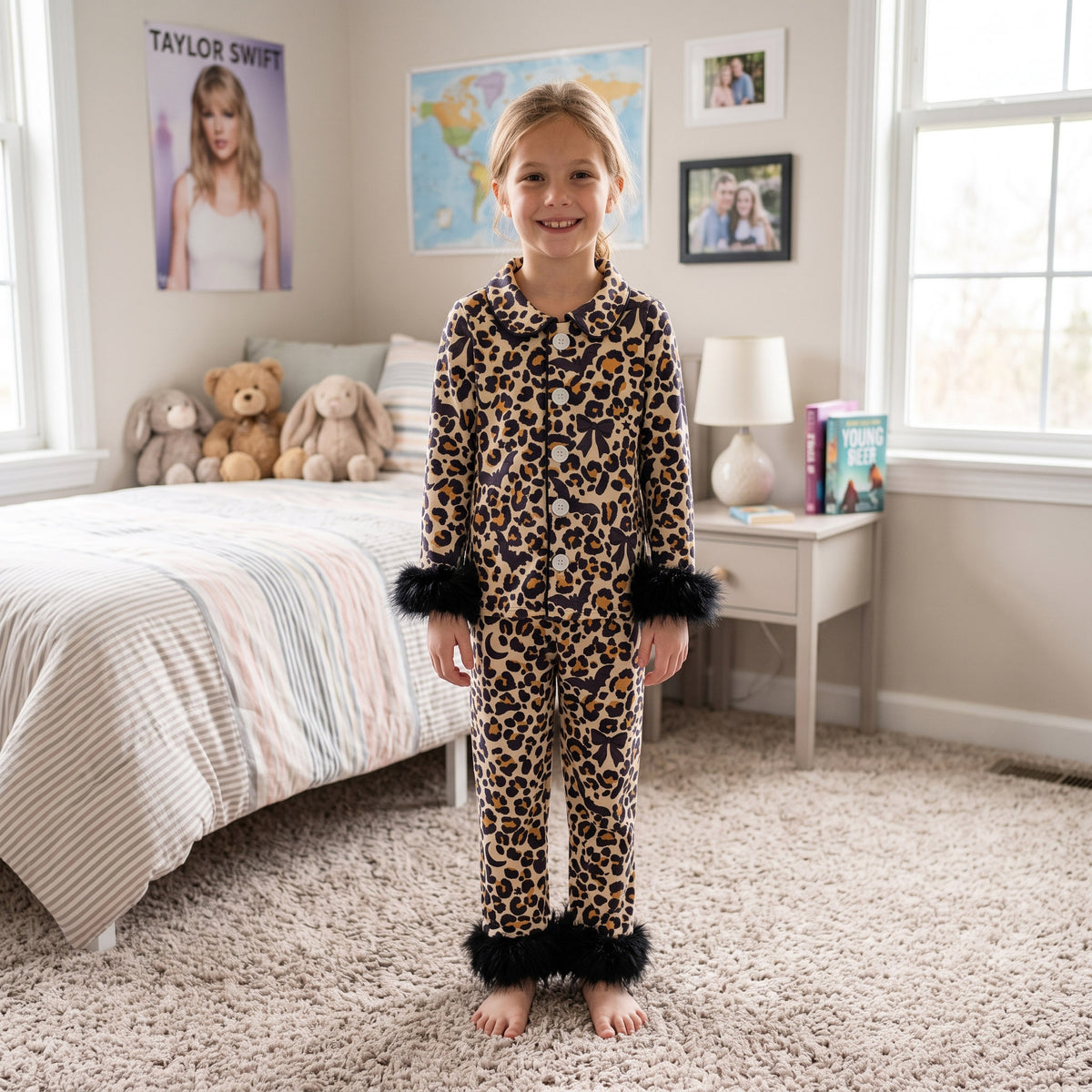 NO MOQ GLP3640 Kids Leopard Print Fuzzy Feather Trim Button‑Up 2Pcs Pajama Set