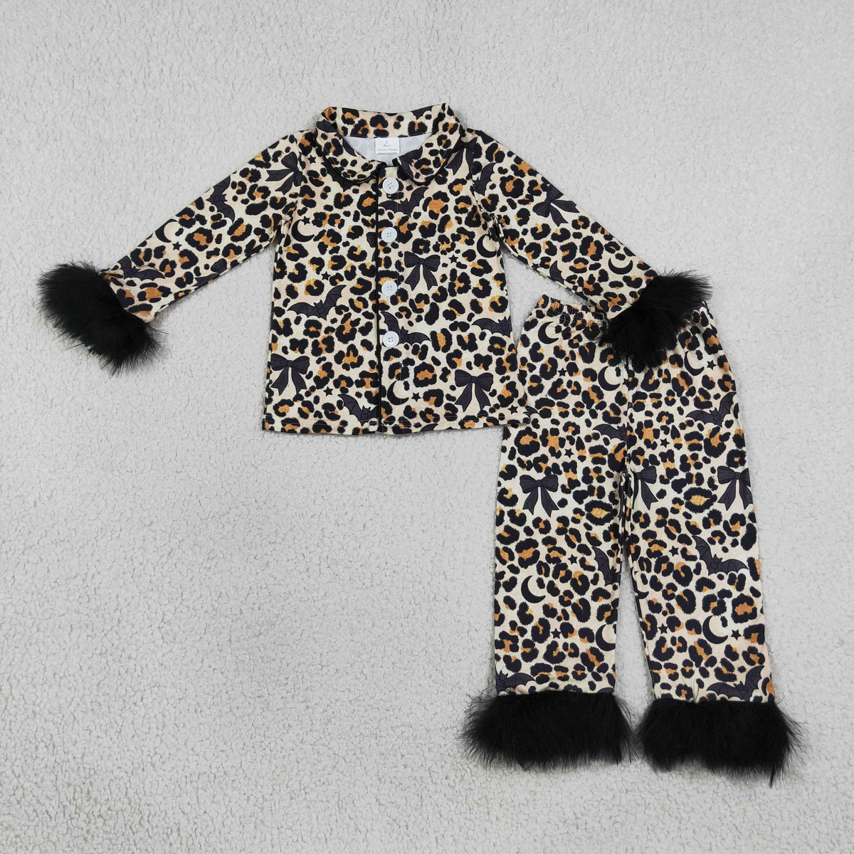 NO MOQ GLP3640 Kids Leopard Print Fuzzy Feather Trim Button‑Up 2Pcs Pajama Set