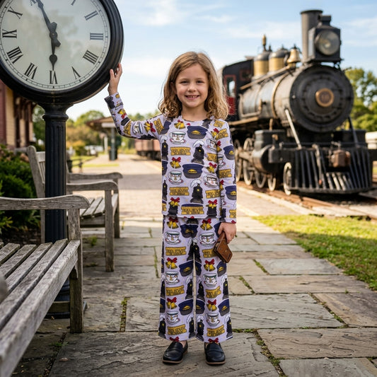 NO MOQ RTS GLP3641 (2) Baby Boy Clothes Christmas Train Letter Mixed Print Long Sleeve Top Wide Leg Pant Set 202609