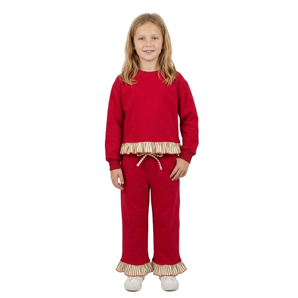 NO MOQ RTS GLP3644 Baby Girl Clothes Solid Red Striped Ruffle Trim Print Long Sleeve Pant Set 202610