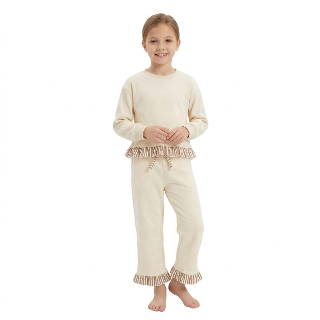 NO MOQ RTS GLP3645 Baby Girl Clothes Solid Cream Striped Ruffle Trim Print Long Sleeve Pant Set 202610