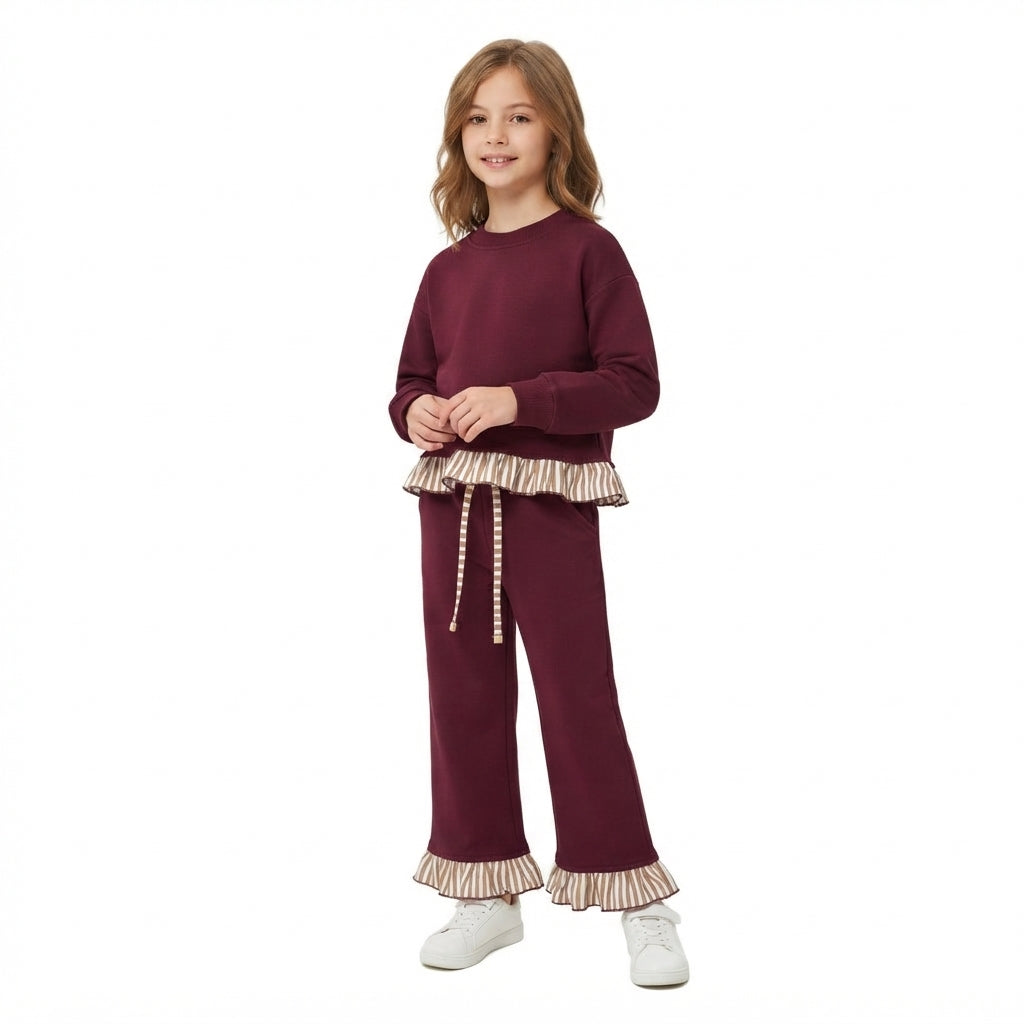 NO MOQ RTS GLP3647 Baby Girl Clothes Solid Burgundy Ruffle Spliced Long Sleeve Top Wide Leg Pant Set 202610