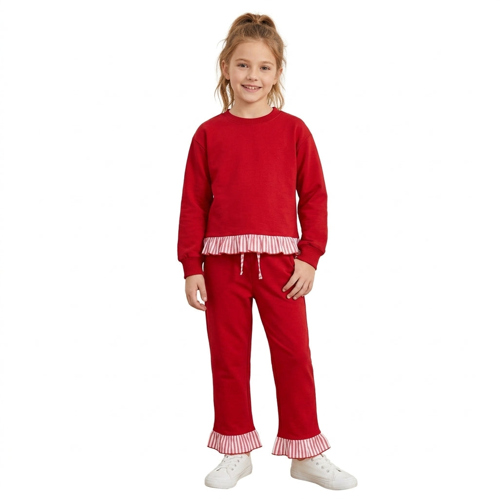 NO MOQ RTS GLP3648 Baby Girl Clothes Solid Red With Pink Stripe Ruffle Trim Long Sleeve Flare Pant Set 202610