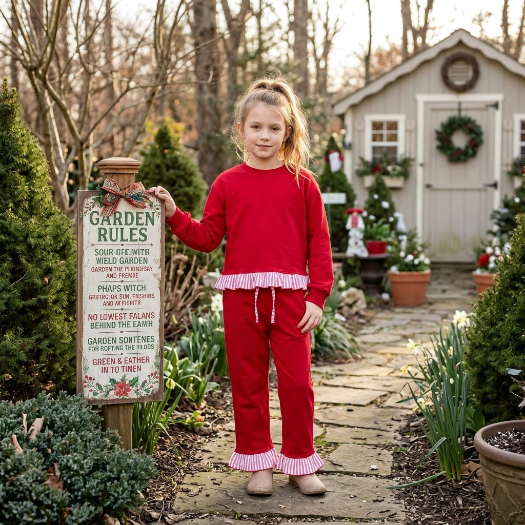 NO MOQ RTS GLP3648 Baby Girl Clothes Solid Red With Pink Stripe Ruffle Trim Long Sleeve Flare Pant Set 202610