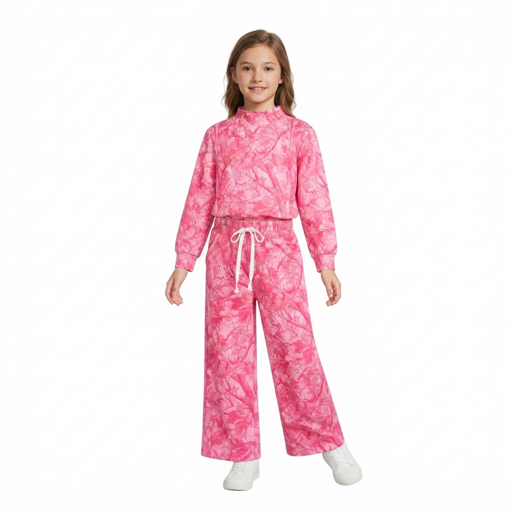 NO MOQ RTS GLP3650-bundle Baby Girl Clothes Pink Camo Leaf Allover Print Long Sleeve Cropped Top Capri Pant Set 202610