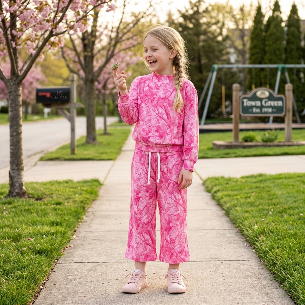 NO MOQ RTS GLP3650-bundle Baby Girl Clothes Pink Camo Leaf Allover Print Long Sleeve Cropped Top Capri Pant Set 202610