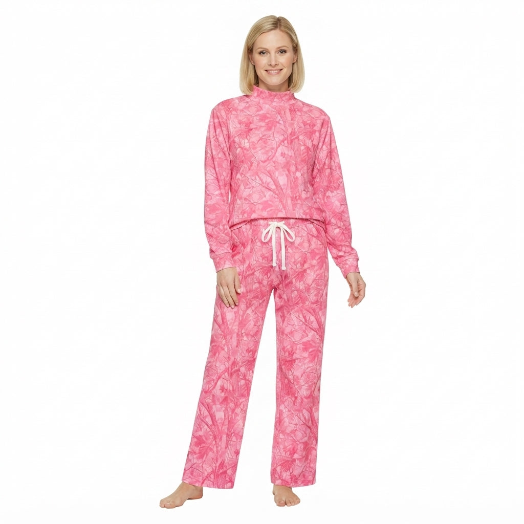 NO MOQ RTS GLP3651 women Clothes Pink Camo Leaf Allover Print Long Sleeve Ruffle Mock Neck Wide Leg Pant Set 202610
