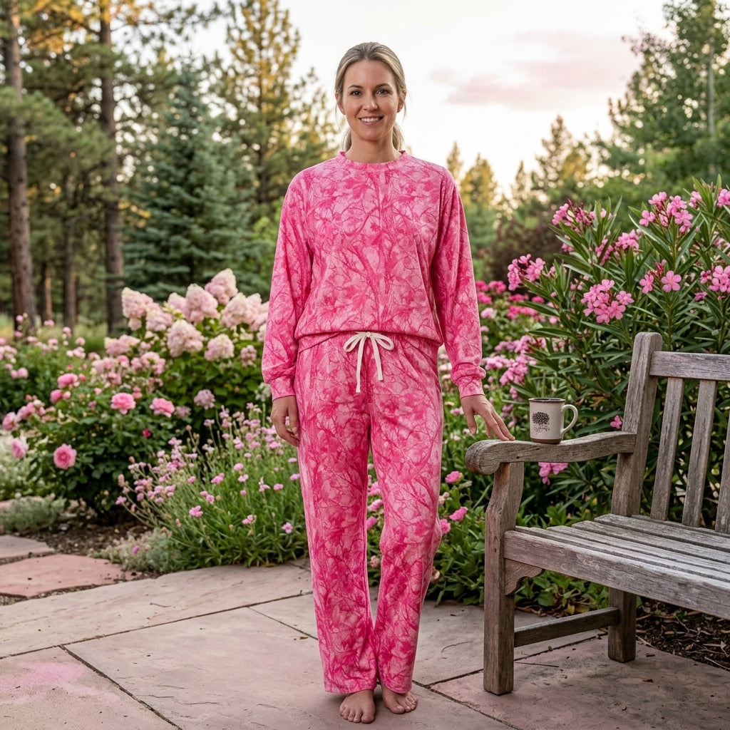 NO MOQ RTS GLP3651 women Clothes Pink Camo Leaf Allover Print Long Sleeve Ruffle Mock Neck Wide Leg Pant Set 202610