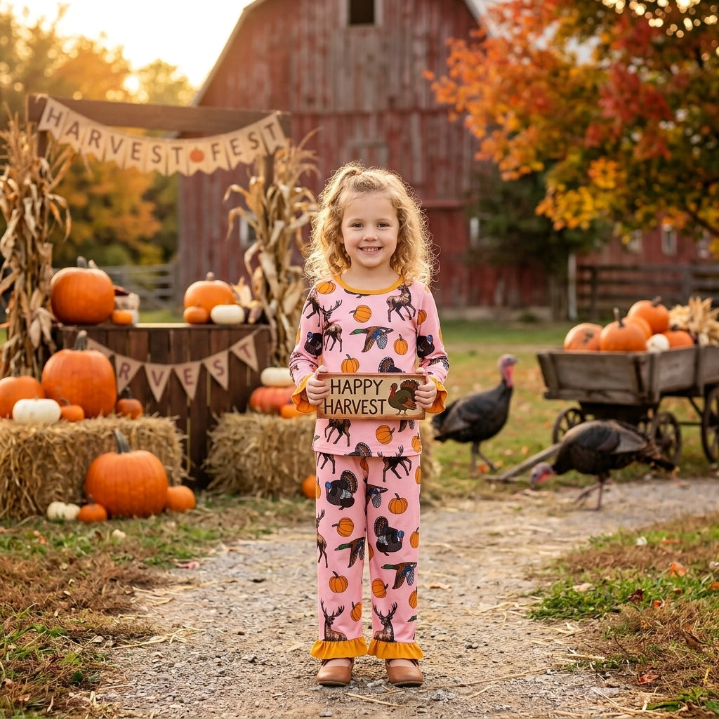 NO MOQ RTS GLP3655 (2) Baby Girl Clothes Thanksgiving Turkey Deer Pumpkin Print Long Sleeve Ruffle Cuff Pajama Set 202609