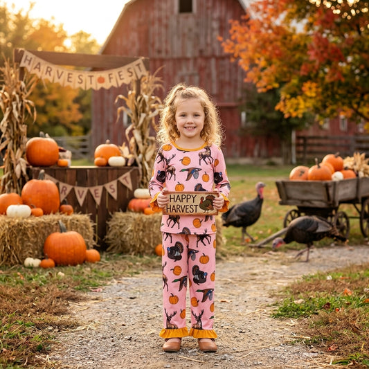 NO MOQ RTS GLP3655 (2) Baby Girl Clothes Thanksgiving Turkey Deer Pumpkin Print Long Sleeve Ruffle Cuff Pajama Set 202609