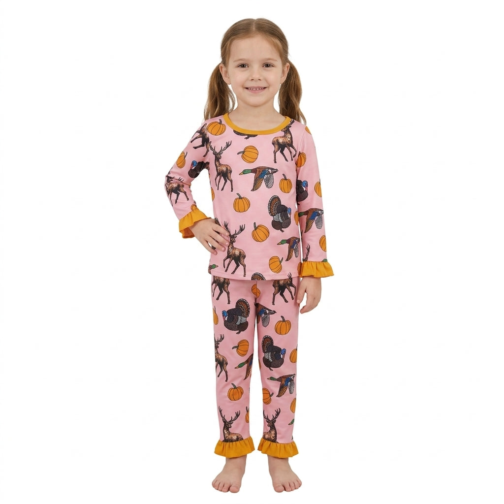 NO MOQ RTS GLP3655 (2) Baby Girl Clothes Thanksgiving Turkey Deer Pumpkin Print Long Sleeve Ruffle Cuff Pajama Set 202609