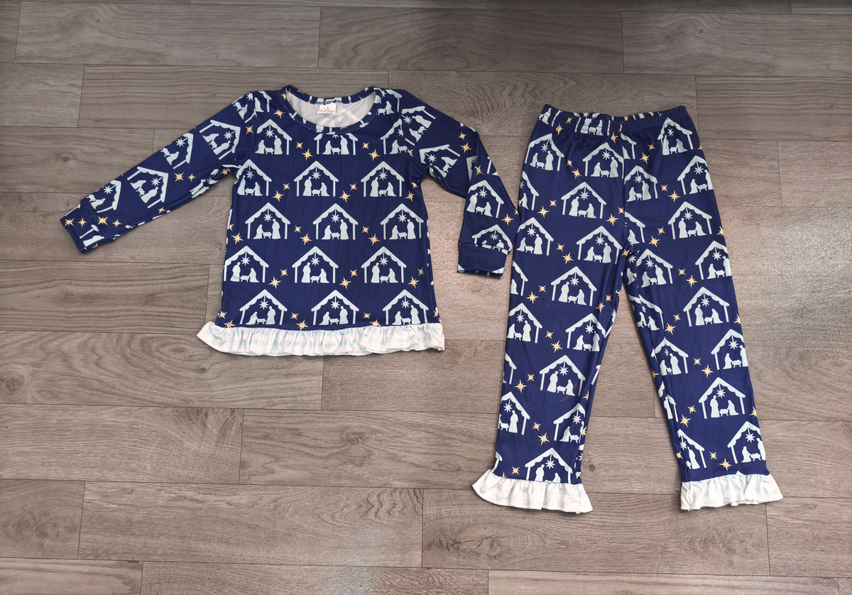 Sample-Real Pics GLP3659 Baby Girl Clothes Nativity Stable Star Christmas Print Long Sleeve Ruffle Pant Pajama Set