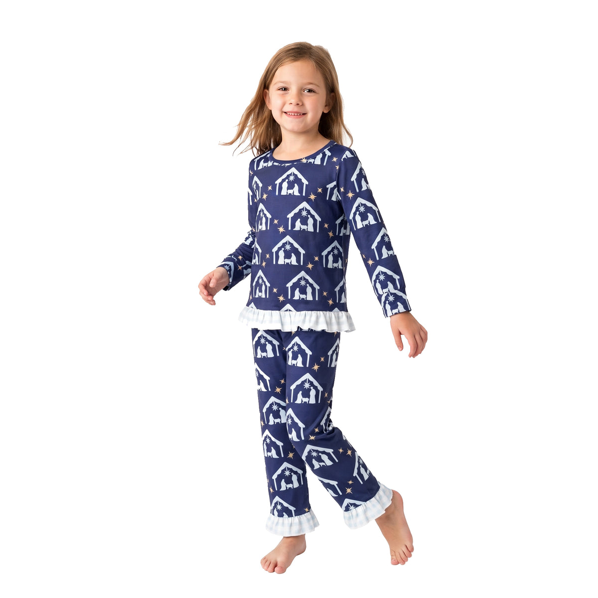 NO MOQ RTS GLP3659 Baby Girl Clothes Christmas Nativity Scene Full Print Long Sleeve Ruffle Pant Set 202609