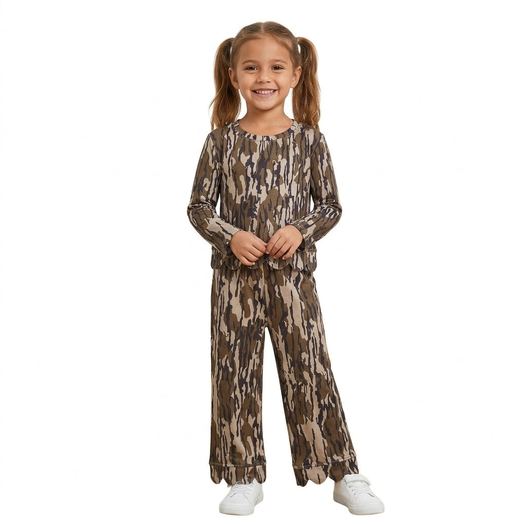 NO MOQ RTS GLP3660-scallop-bundle Baby Girl Clothes Tree Bark Camo Print Long Sleeve Scalloped Hem Outfit Set 202610